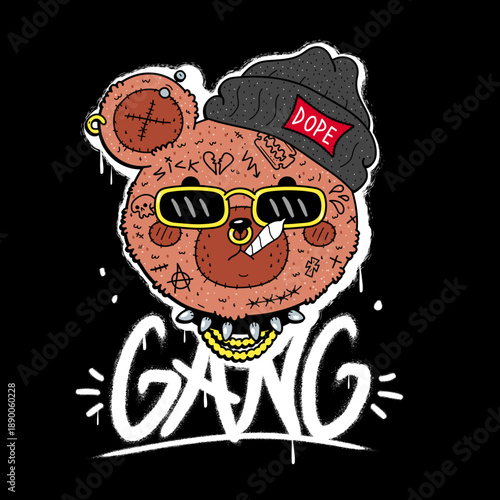 Fashion teddy bear toy print for t-shirt. Hate quote. Vector cartoon graffiti style logo icon. Dead bear toy,rap,hip hop print for poster,t-shirt,tee,logo,sticker concept