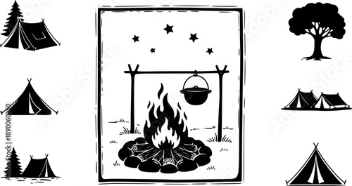 seet of lines icons silhouette of a hot campfire burning on logs on a campsite, hand-drawn stamp effect, white background
