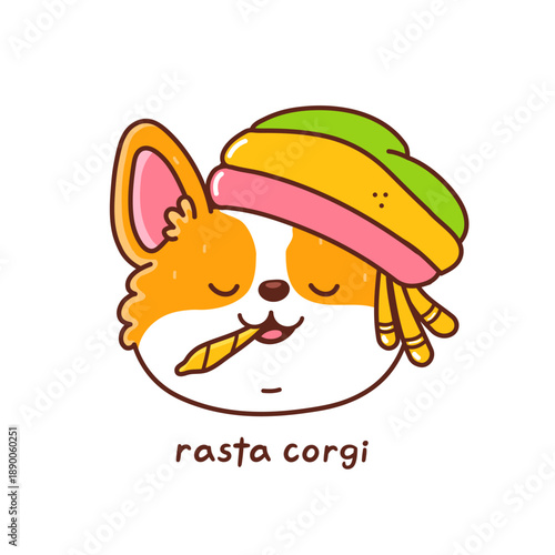 Cute corgi in rastacap smoking joint. Flat vector illustration design.