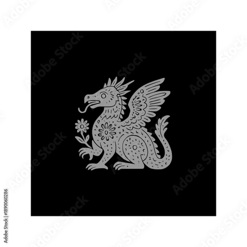 Solid Black Dragon Silhouette in Mexican Folk Art Design Element