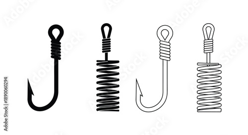 Four different fishing hooks displayed in a simple black silhouette
