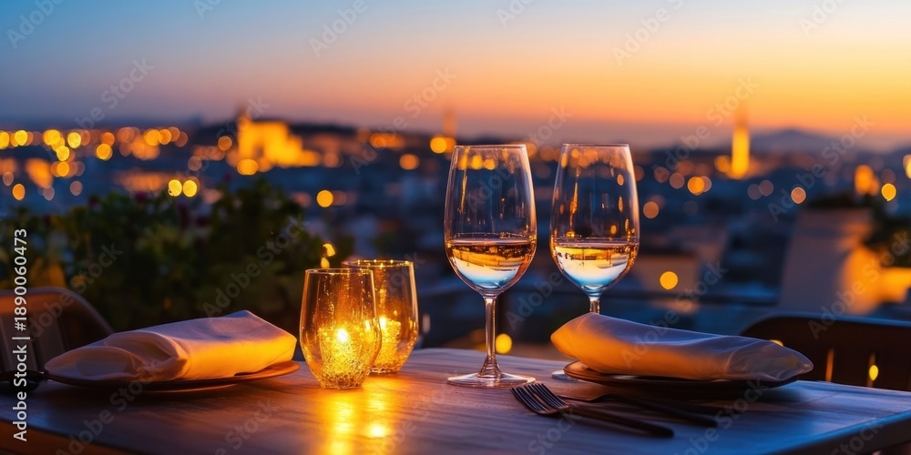 Naklejka premium Fancy restaurant table outdoors romantic glasses.