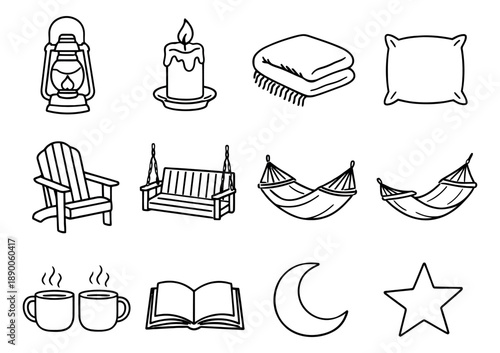 Hand drawn line art cozy comfort elements set featuring a lantern, candle, blanket, adirondack chair, swing, hammock, hot drinks, and book for relaxation and leisure