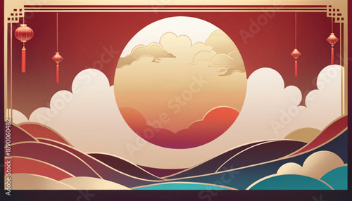 Minimalist Chinese New Year poster background, modern clean design, red and gold color palette, soft gradient background