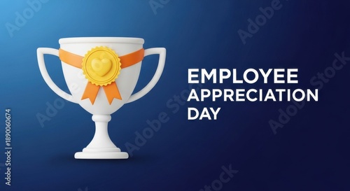 White trophy with orange ribbon and gold medal for Employee Appreciation Day concept for recognition and success isolated on blue gradient background