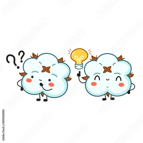 Set of cute cotton characters with question marks and bulb. Cartoon doodle vector illustration design
