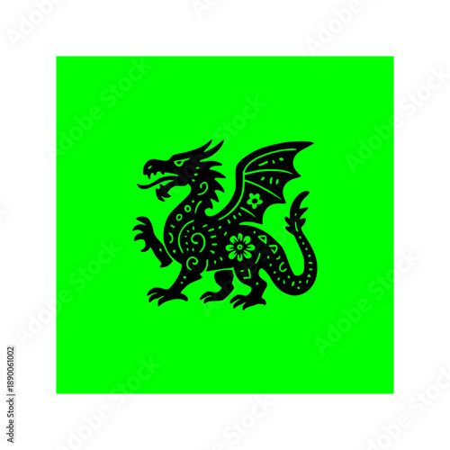 Solid Black Dragon Silhouette in Mexican Folk Art Design Element