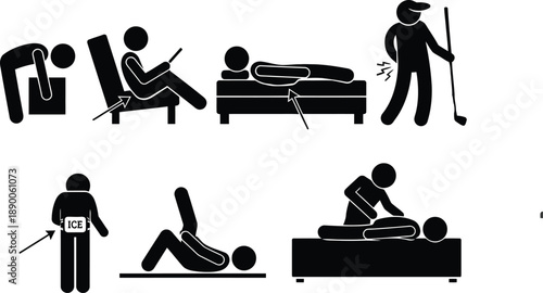 Pictogram collection showing common causes of back pain and various treatment options