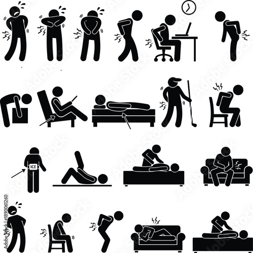 Understanding various body pain symptoms and common relief methods through stick figures