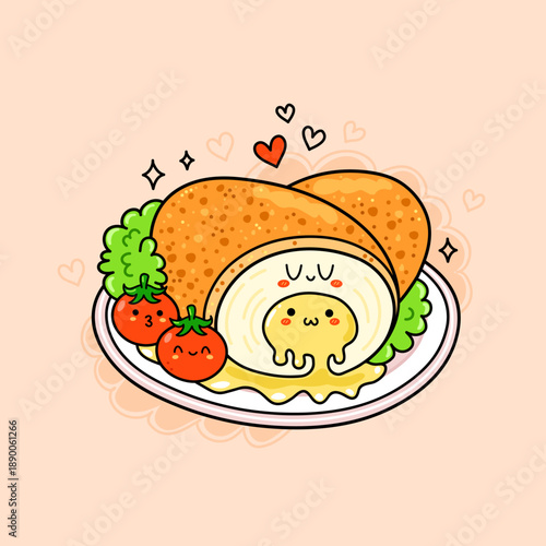 Cute cartoon Chicken Kyiv cutlet character on plate with tomatoes.  Flat vector illustration design.