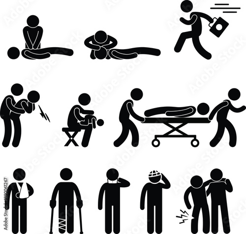 Medical emergency and first aid icon set showing injuries and treatments