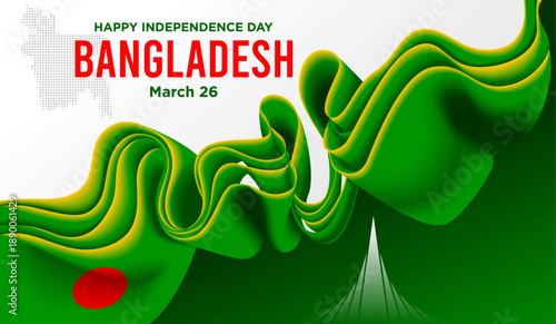 Bangladesh Independence Day Background with Green Red Ribbon and National Landmarks