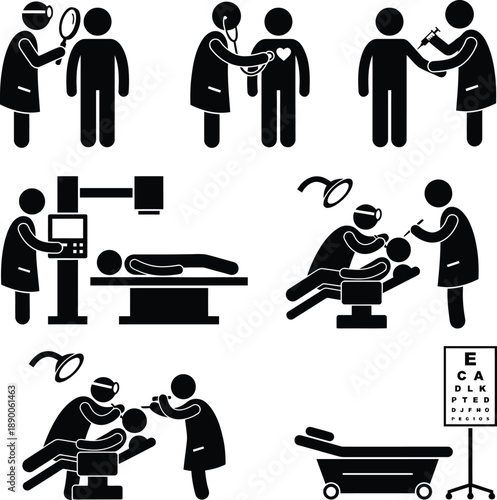 Diverse medical procedures and patient care illustrated in simple stick figure icons
