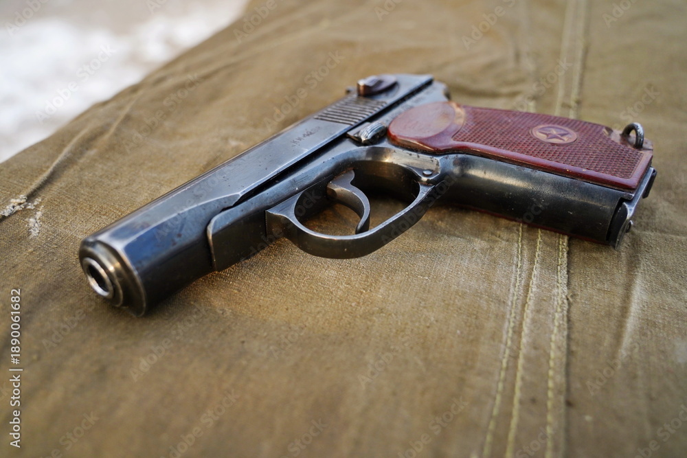 Fototapeta premium Almaty, Kazakhstan - 01.20.2026 : Makarov's pistol. Adopted by the army and law enforcement agencies of Kazakhstan.