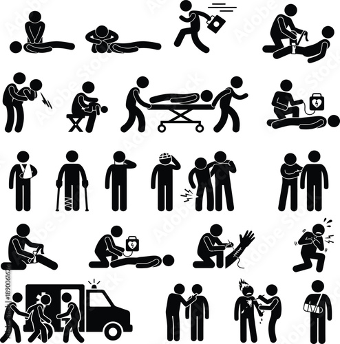 First aid and emergency medical assistance stick figure icons depicting various treatments and injuries