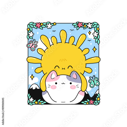 Cute cat character, taro card. Cartoon vector illustration in kawaii style
