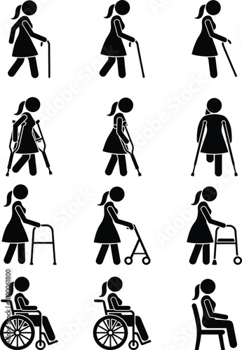 Woman with mobility aids icons set showing different states of physical impairment