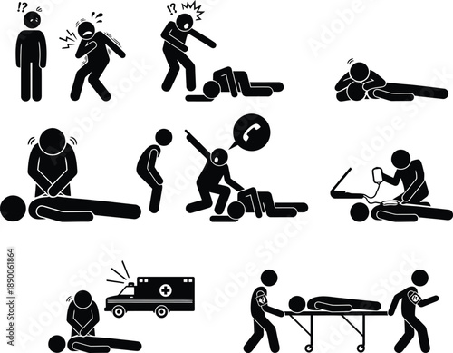 Emergency medical assistance and first aid illustrations