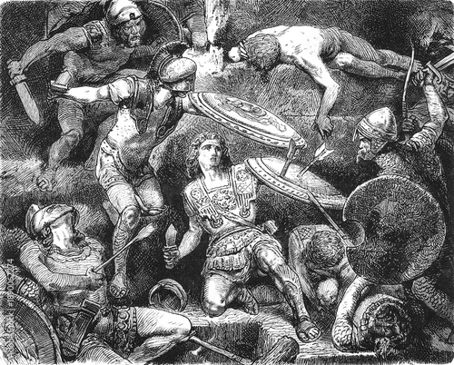 Cuadro en lienzo Alexander the Great kneeling behind arrow-studded shield while Macedonian warriors protect him from surrounding enemies, old vintage illustration, 1880