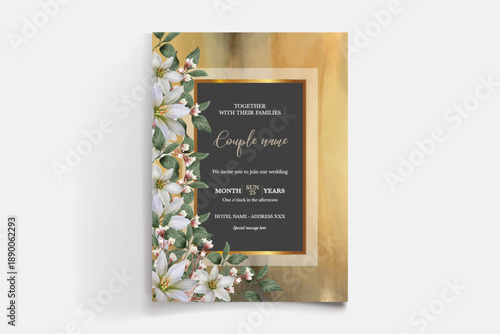 WEDDING INVITATION FRAME WITH FLOWER DECORATIONS AND FRESH LEAVES