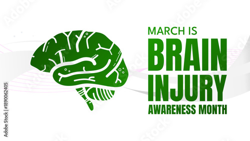 Brain injury awareness month banner with green human brain line art on white background, vector illustration