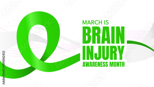 Brain injury awareness month banner with green ribbon on white background, vector illustration