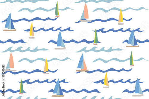 Colorful sailing ships,wind surf,blue sea waves seamless pattern.Nautical vector Illustration background. Abstract ocean wave background.Mediterranean tropical summer abstract background.Hand drawn.