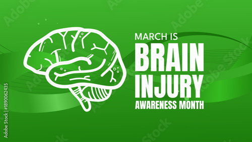 Brain injury awareness month banner with white human brain on green wavy background, vector illustration