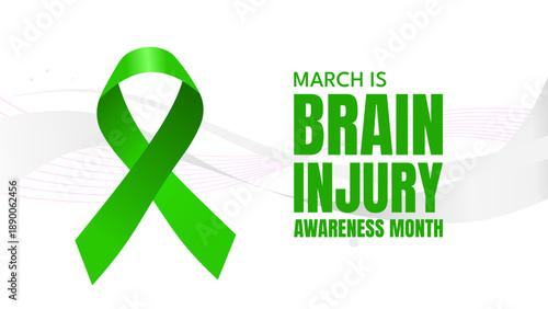 Brain injury awareness month banner with green ribbon on white background, vector illustration