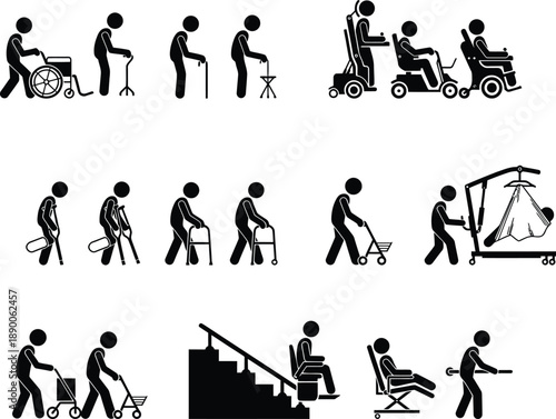 Icons representing mobility aids and care equipment for elderly and disabled people