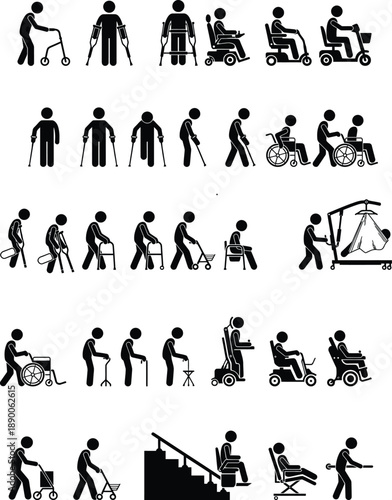 Pictograms illustrating disabled people using various mobility aids and assistive devices
