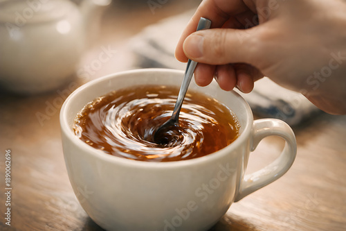 Hand stirring tea in a mug, creating a visible vortex on the surface.  