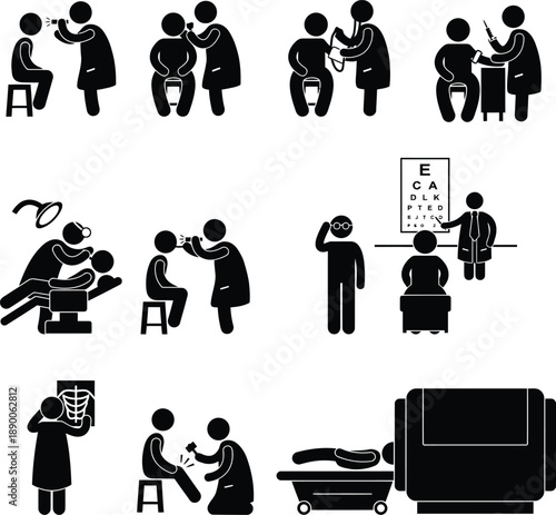 Stick figure icons showing various doctor patient checkups and medical examinations