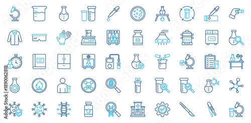 Laboratory icon set. Containing microscope, test tube, flask, pipette, centrifuge, sample, lab coat, goggles, chemical, experiment, research icon. Outline color style