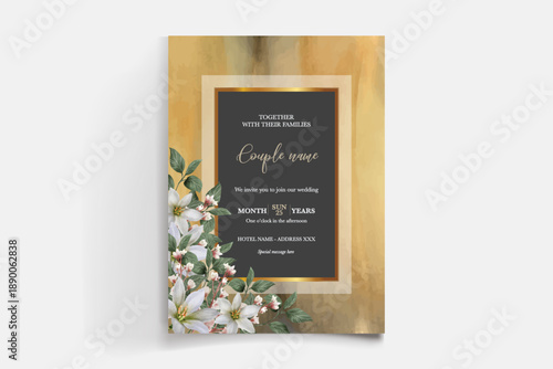 WEDDING INVITATION FRAME WITH FLOWER DECORATIONS AND FRESH LEAVES