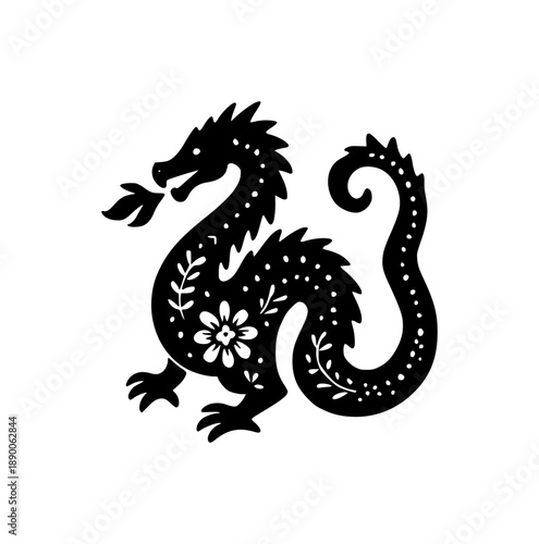 Solid Black Dragon Silhouette in Mexican Folk Art Design Element