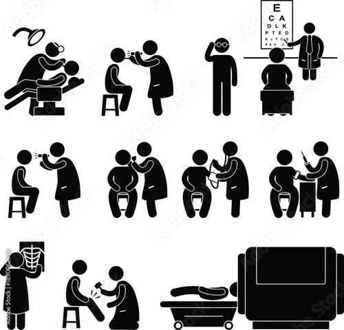 Collection of medical check-up and diagnostic procedure icons