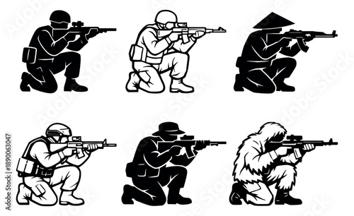 Stylized military soldiers set featuring tactical personnel aiming rifles for combat and security applications