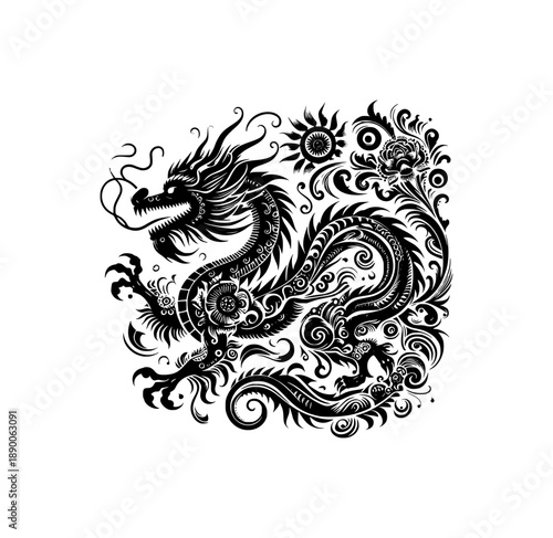 Solid Black Dragon Silhouette in Mexican Folk Art Design Element