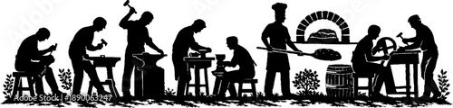 Traditional Craft Workshop Silhouette with Artisans at Work
