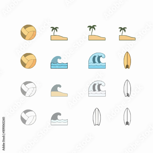 Beach sports vector icon set in duotone and thin line styles with editable stroke