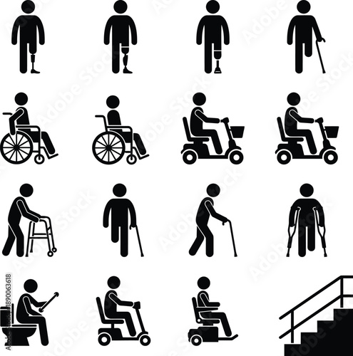Disability pictogram collection featuring various mobility aids and accessibility symbols