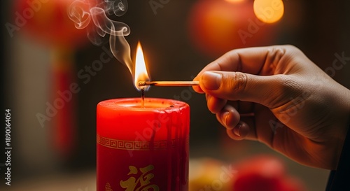 Close-up of a hand delicately lighting a traditional red candle with a matchstick, its warm glow illuminating auspicious symbols and embodying cultural heritage and hopeful celebration