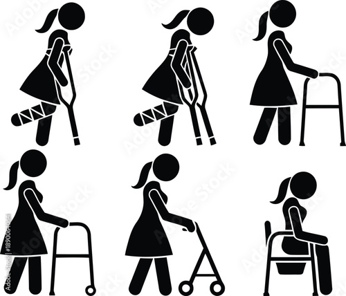 Set of female stick figures depicting mobility assistance and recovery