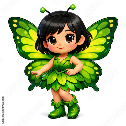 Butterfly Fairy With Short Black Hair Wearing Green Leaf Shaped Dress And Green Shoes