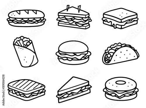 Hand drawn line art fast food icon set featuring popular quick meals and sandwiches for restaurant menus and food-related designs