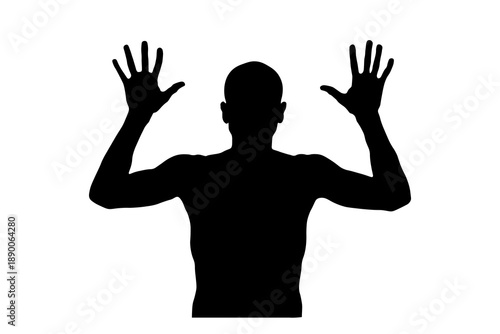 Vector illustration of mans upper body. Black silhouette with raised arms. Flat design. Back view.