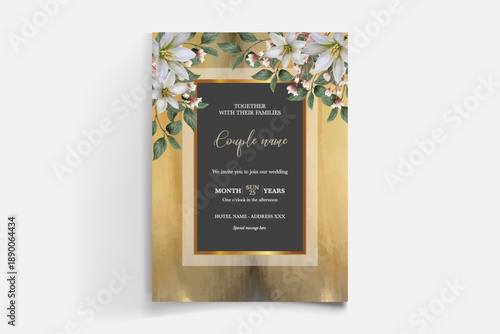 WEDDING INVITATION FRAME WITH FLOWER DECORATIONS AND FRESH LEAVES