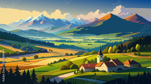 Very beautiful landscape of the Liptov region in the Low Tatras mountains, featuring rolling hills, distant peaks, and vast open scenery under dramatic skies.