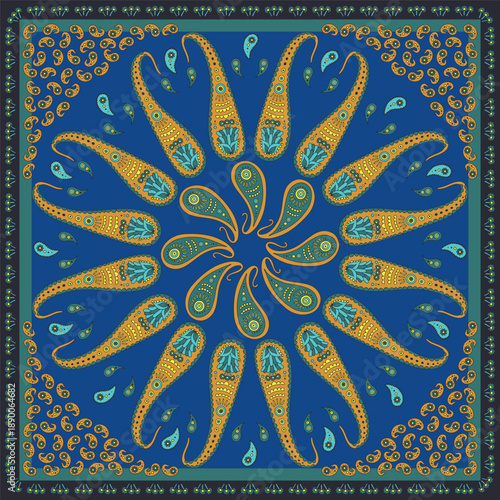 Intricate colorful blue and yellow scarf or bandana design with paisley mandala pattern